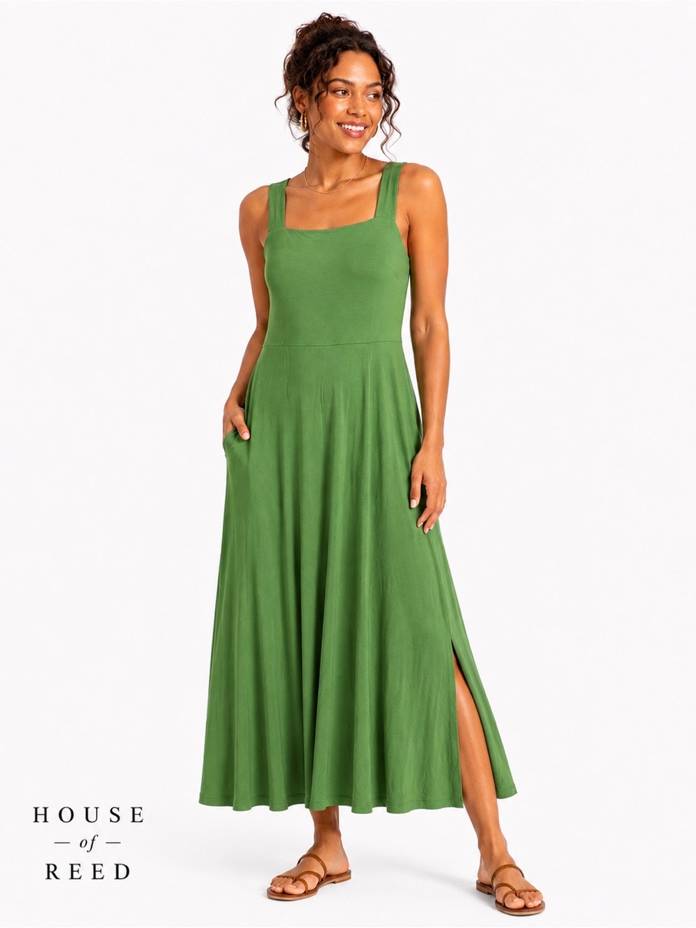 SugarLips Olive‎ Green Jersey Midi Dress Sleeveless Stretchy Boho Casual M